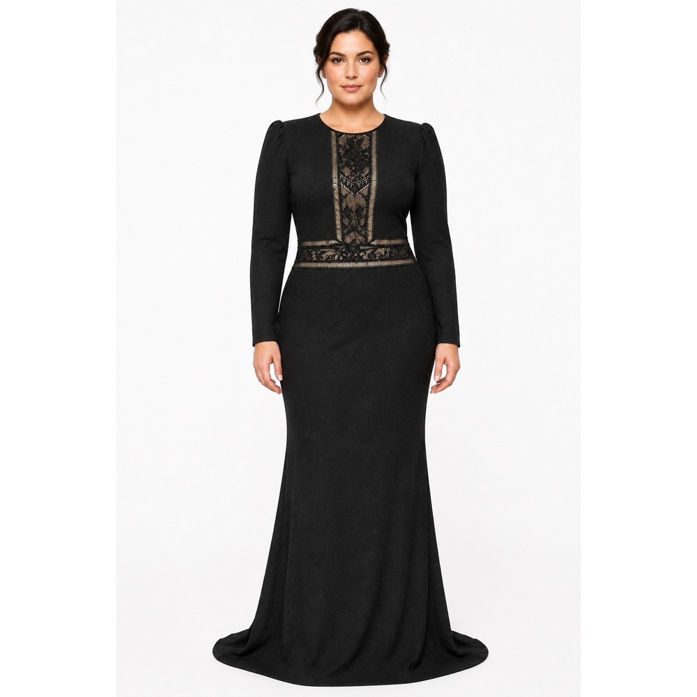 Tadashi Shoji Layla Gown 14 Black Burnout Lace Long Sleeve Formal Floor Length